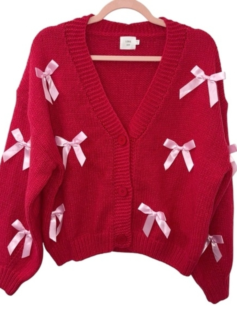 Red Bow-Appliqué V-Neck Cardigan Sweater - Unbranded